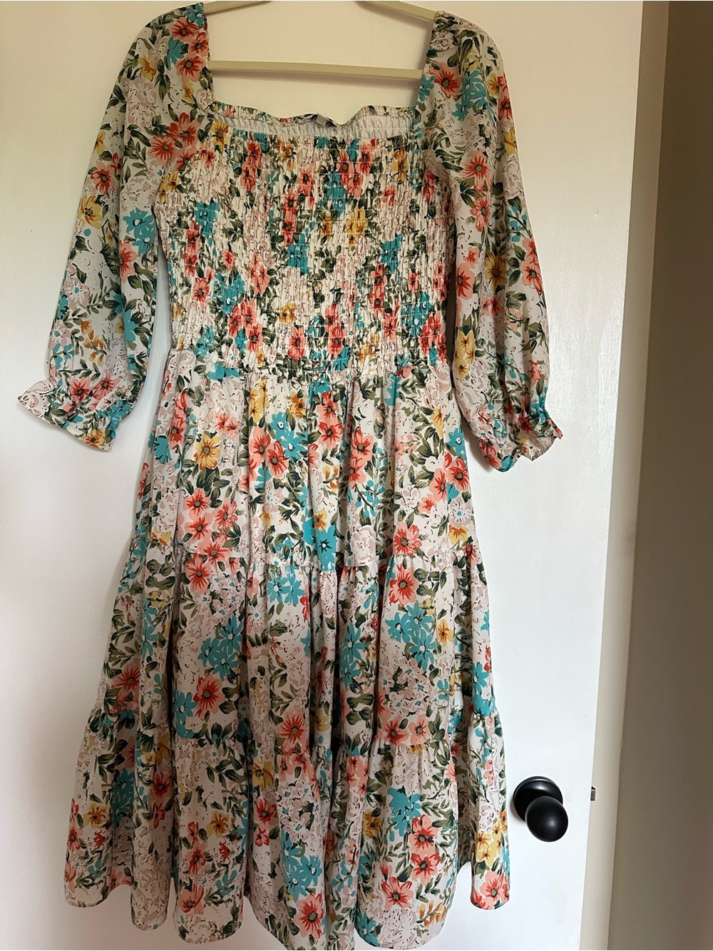 Baltic Born Floral Smocked Midi Dress in Teal, Coral, Yellow on Cream